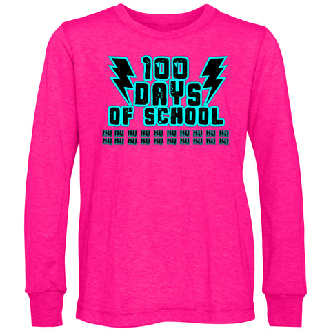 100 Days of School BOLT LS Shirt, Hot Pink (Toddler, Youth, Adult)