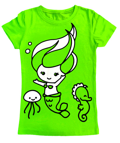 M-Mermaid Wave GIRLS Fitted Tee, Neon Green (Toddler, Youth, Adult)