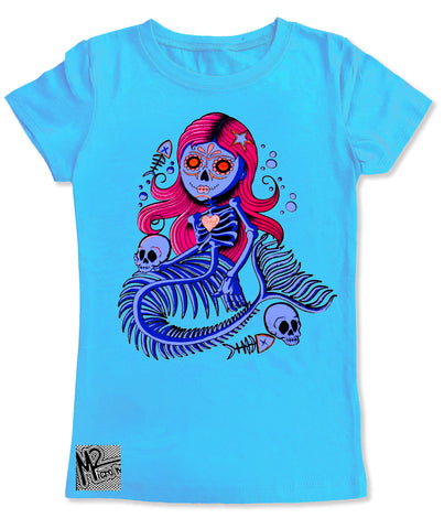 M-Mermaid Skelly GIRLS Fitted Tee, Aqua (Toddler, Youth, Adult)