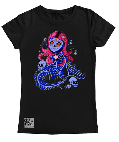 M-Mermaid Skelly GIRLS Fitted Tee, Black (Toddler, Youth, Adult)