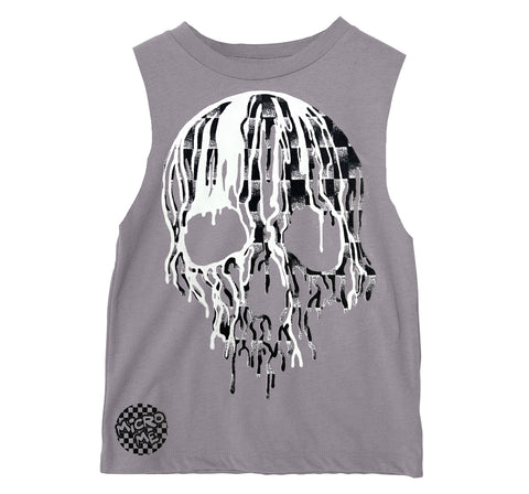 Denim Check Skull Muscle Tank, Stone  (Toddler, Youth, Adult)