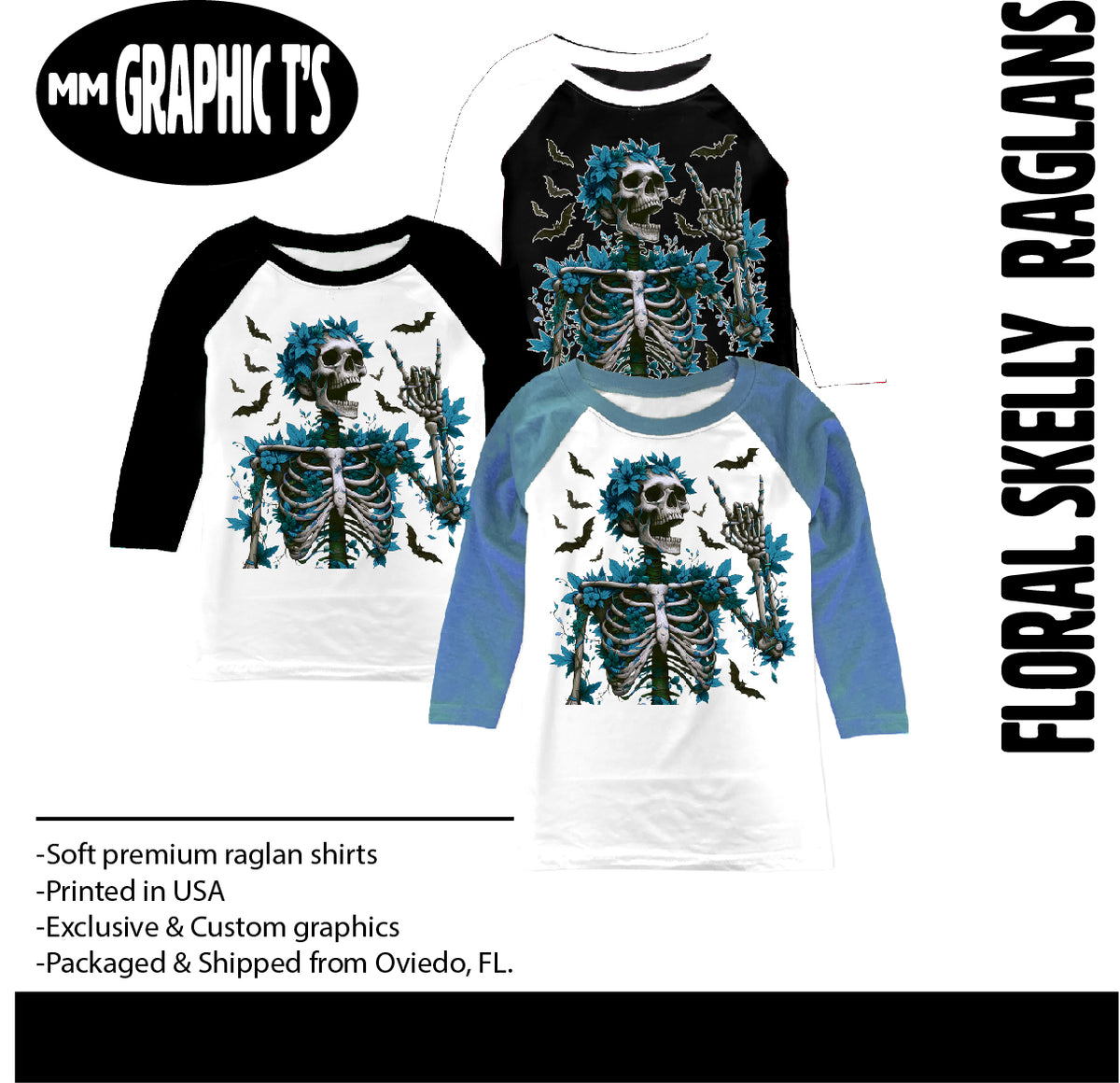 Floral Skelly RAGLANS, (Multiple Options) – Micro Me Shop