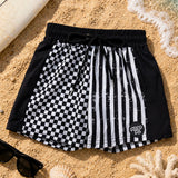 Checker/Stripe ETHAN SWIM Shorts, BLACK (Toddler, Youth)