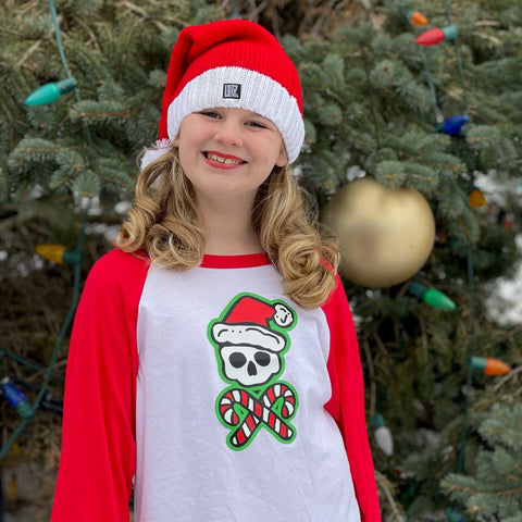 Candy Cane Skull Raglan, W/Red (Toddler, Youth, Adult)