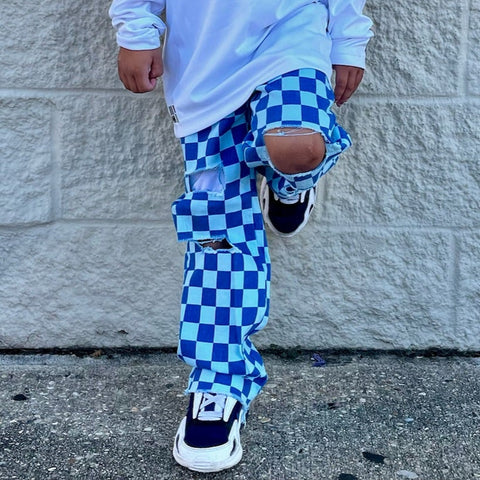 Checker Denim Pants, Blue