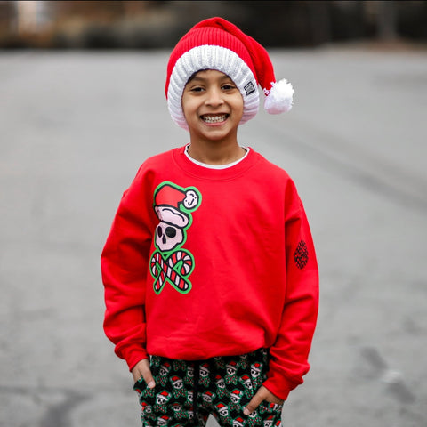 Candy Cane Skull Crew Sweatshirt, Red (Toddler, Youth, Adult)