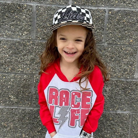 Race Life Raglan Hooded Shirt, White/Red  (Toddler, Youth, Adult)