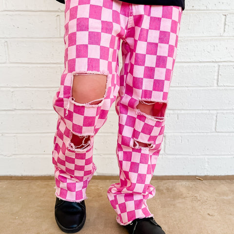 Checker Denim Pants, Pink