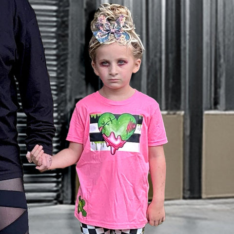 Zombie Heart Stripe Tees, Neon PInk