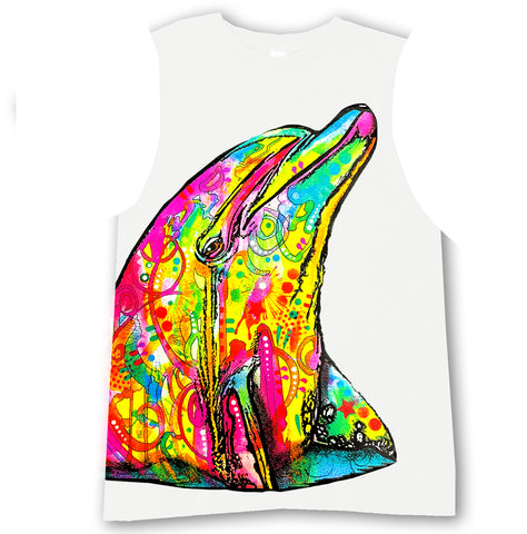 Neon Dolphin Muscle Tank, White  (Infant, Toddler, Youth, Adult)