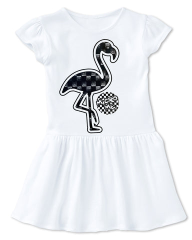Denim Checks Flamingo  Dress, White  (Toddler)