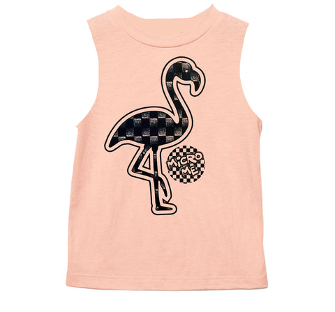 Denim Check Flamingo Muscle Tank, Peach  (Infant, Toddler, Youth, Adult)