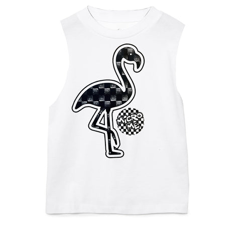 Denim Check Flamingo Muscle Tank, White  (Infant, Toddler, Youth, Adult)