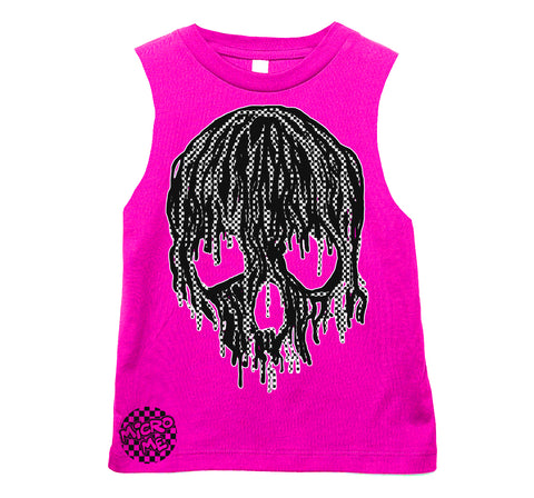 Checker Drip Skull Muscle Tank,  Hot Pink  (Infant, Toddler, Youth, Adult)