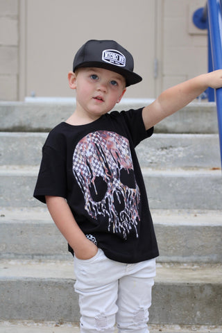 *Marble Check Drip Skull Tee, Black  (Infant, Toddler, Youth, Adult)