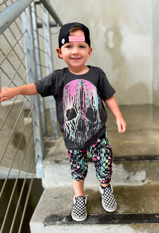 Check Distressed Drip Skull Tee, Charcoal (Infant, Toddler, Youth, Adult)