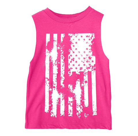Distressed Flag Muscle Tank, Hot PInk (Infant, Toddler, Youth, Adult)