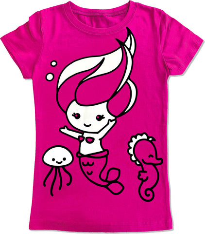 M-Mermaid Wave GIRLS Fitted Tee, Hot Pink (Toddler, Youth, Adult)