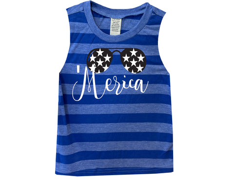 Merica Sunglasses Muscle Tank, Royal Stripe(Toddler, Youth)
