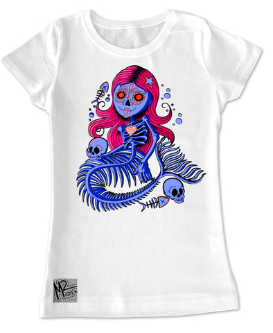 M-Mermaid Skelly GIRLS Fitted Tee, White (Toddler, Youth, Adult)