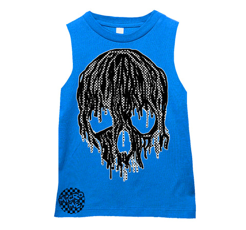 Checker Drip Skull Muscle Tank, Neon Blue (Infant, Toddler, Youth, Adult)