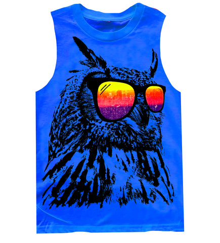 Owl Muscle Tank, Neon Blue (Toddler, Youth, Adult)