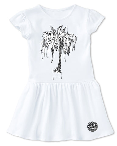 Denim Checks Palm Dress, White (Toddler)