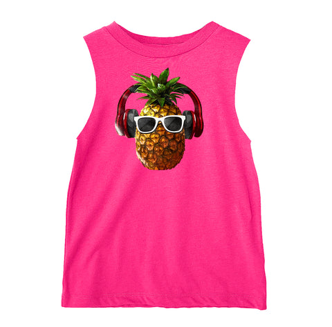 Pineapple Headphones Muscle Tank, Hot Pink (Infant, Toddler, Youth, Adult)
