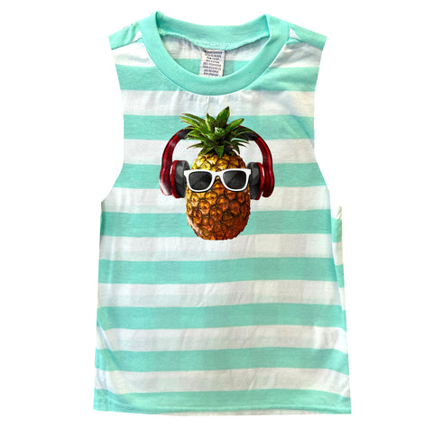 Pineapple Headphones Muscle Tank, Mint Stripe (Toddler, Youth)