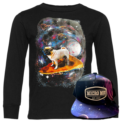 Pug Surfer LS Shirt & Galaxy Patch Hat Set