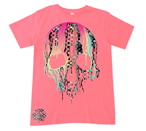 Check Distressed Drip Skull Tee, Neon Coral  (Toddler)
