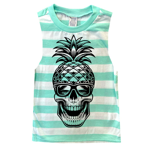 Pineapple Skull Muscle Tank, Mint Stripe (Toddler, Youth)