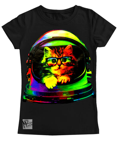 NS-Neon Space Kitty GIRLS Fitted Tee, Black (Toddler, Youth, Adult)