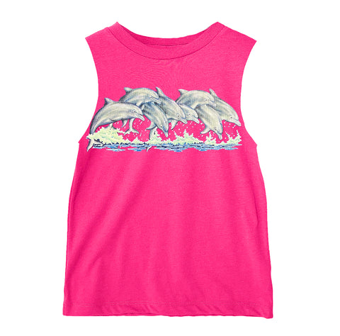 Splashing Dolphins Muscle Tank, Hot Pink (Infant, Toddler, Youth, Adult)