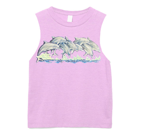 Splashing Dolphins Muscle Tank, Lt. Pink (Infant, Toddler, Youth, Adult)