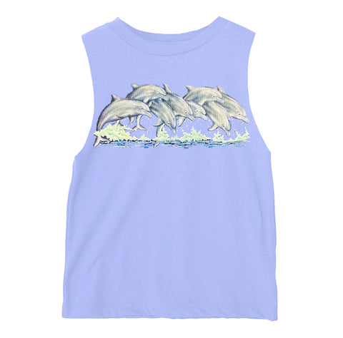 Splashing Dolphins Muscle Tank, Lavender (Infant, Toddler, Youth, Adult)