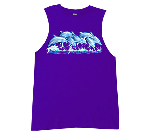 Splashing Dolphins Muscle Tank, Purple (Infant, Toddler, Youth, Adult)