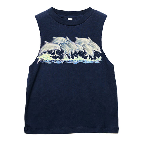 Splashing Dolphins Muscle Tank,Navy (Infant, Toddler, Youth, Adult)