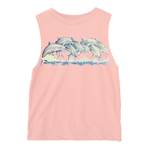 Splashing Dolphins Muscle Tank, Peach (Infant, Toddler, Youth, Adult)
