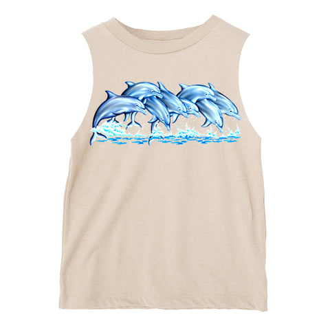 Splashing Dolphins Muscle Tank, Natural (Toddler, Youth, Adult)