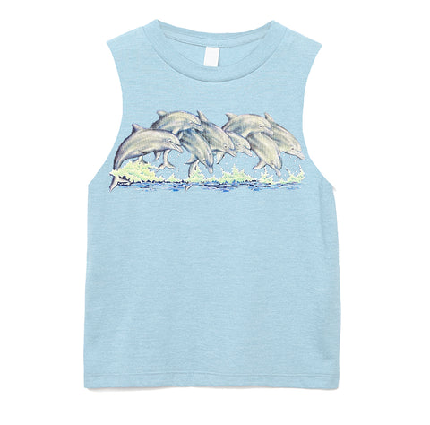 Splashing Dolphins Muscle Tank, Lt. Blue (Infant, Toddler, Youth, Adult)