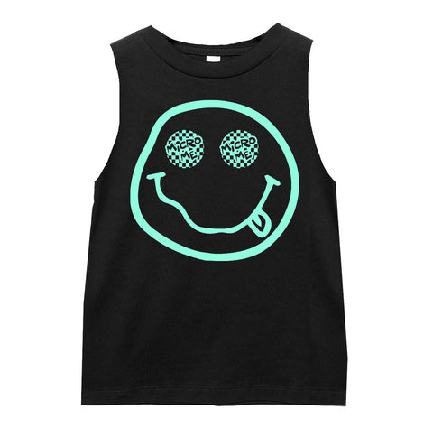 Distressed Smiley Muscle Tank, Black  (Infant, Toddler, Youth, Adult)