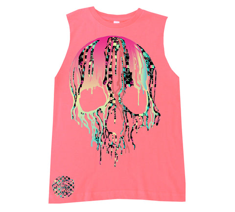 Check Distressed Drip Skull Muscle Tank, Neon Coral  (Toddler)