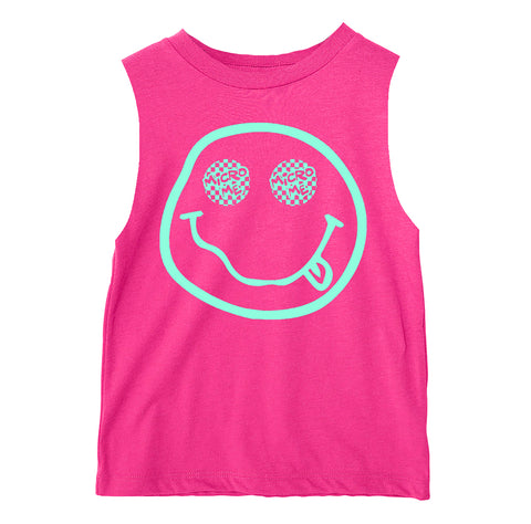 Distressed Smiley Muscle Tank, Hot PInk  (Infant, Toddler, Youth, Adult)