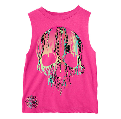 Check Distressed Drip Skull Muscle Tank, Hot Pink (Infant, Toddler, Youth, Adult)