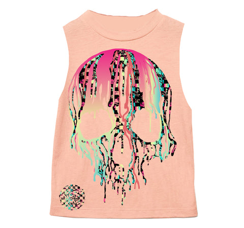 Check Distressed Drip Skull Muscle Tank, Peach (Toddler, Youth, Adult)