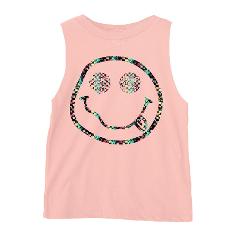Distressed Smiley Muscle Tank, Peach   (Toddler, Youth, Adult)