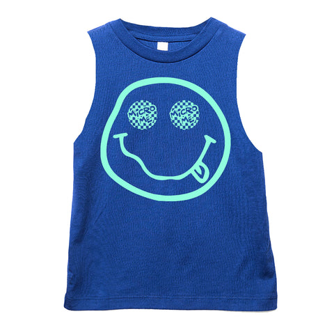 Distressed Smiley Muscle Tank, Royal   (Infant, Toddler, Youth, Adult)
