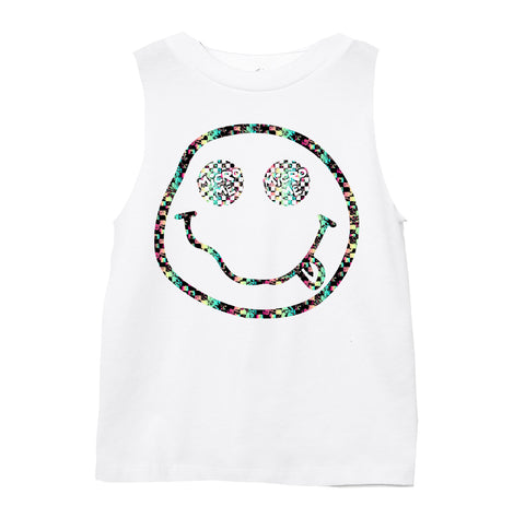 Distressed Smiley Muscle Tank, White (Infant, Toddler, Youth, Adult)