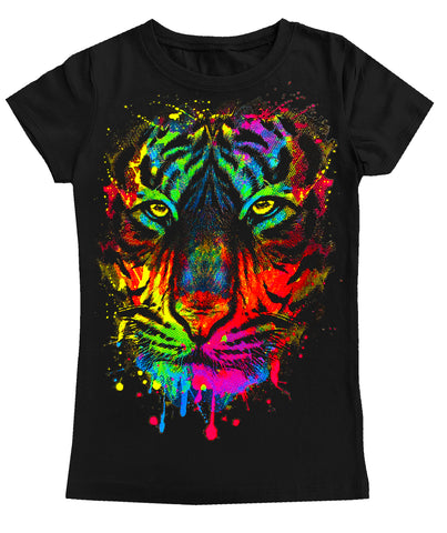 Neon Splatter Tiger GIRLS Fitted Tee, Black (Toddler, Youth,Adult)